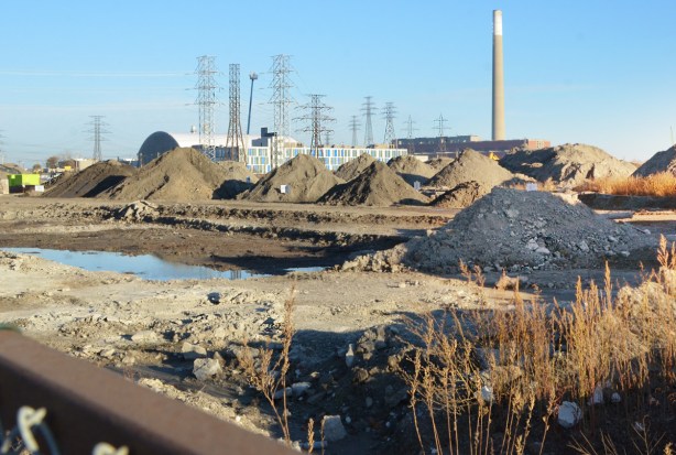 piles of dirt, film studio, hydro wires, 