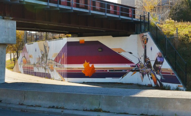 maple leaf and stripes, under the bridge, part of a mural by Mediah IAH Digital, train underpass on Finch Ave in Scarborough