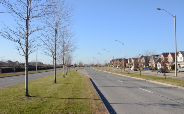 looking north up Morningside Ave fr4 land road with a wide boulevard in the middle, small trees have been planted on the boulevard. Row of houses on the righ, east, side of Morningside. om Finch, 