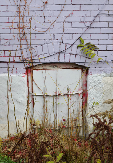 old window with metal bars painted over but rusting, board over window, 