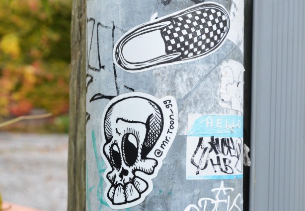 two stickers. the bottom one is a skull by mr. toon and the top one is a no laces, slip on sneaker in black and white checks 