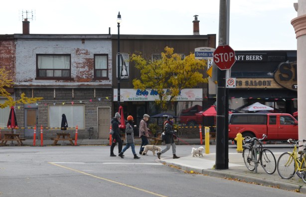 people and dogs walking along Dundas near Keele