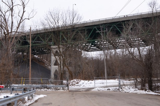 the end of Lawrence Avenue at Bayview, the Bayview bridge crossing the ravine far above 