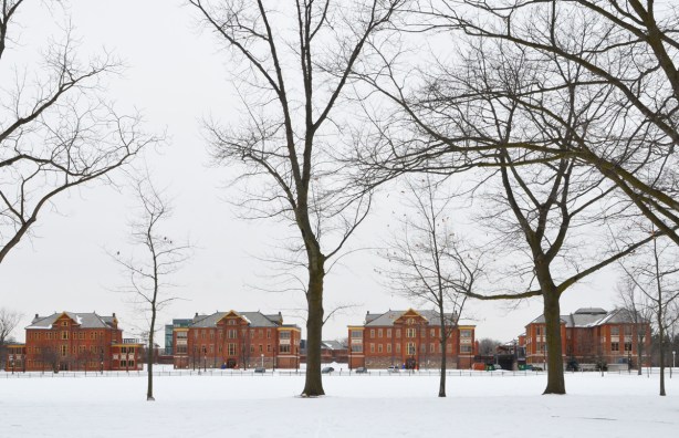 from a distance, Humber college brick buildings, lakeshore campus, snow and bare trees 