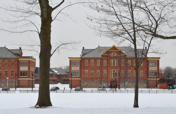 Humber college brick buildings, lakeshore campus, snow and bare trees 