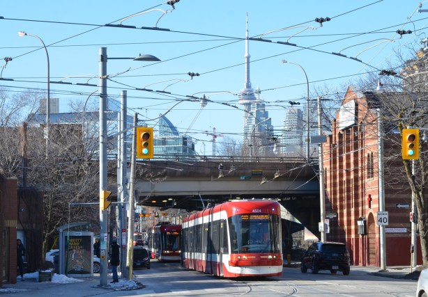 TTC streetcar on King as it goes under the Richmond Street overpass from the Don Valley Parkway