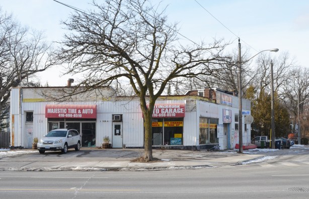 looking across the street to Majestic Auto service and Fallingbrook garage, two businesses that share a building 