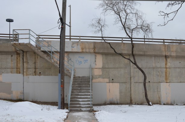 concrete retaining wall beside Royal York Rd, with stairs going up to road level, also a small tree