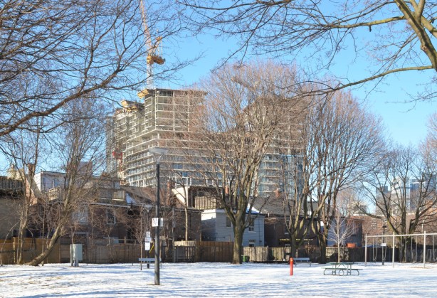 looking west through Sackville Park, to city buildings behind, snow on ground