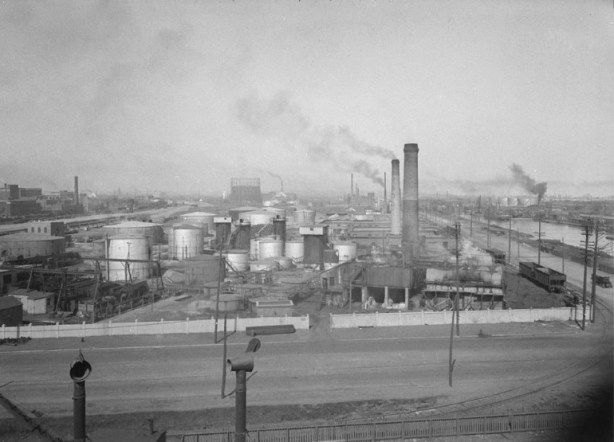 1931 photograph, vintage, black and white, of British American oil refinery just north of the Keating Channel and just west of the Don River, 