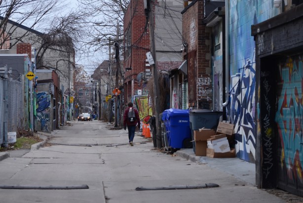 a person walks away from the camera, down an alley, with garages on both sides, with graffiti and street art them 