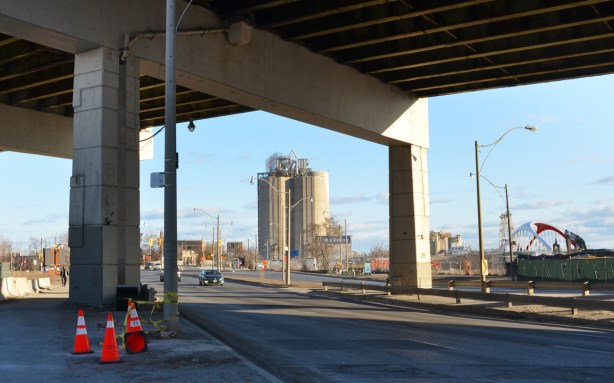 old concrete silos as seen from Lakeshire and Cherrt, with Gardiner Expressway above 
