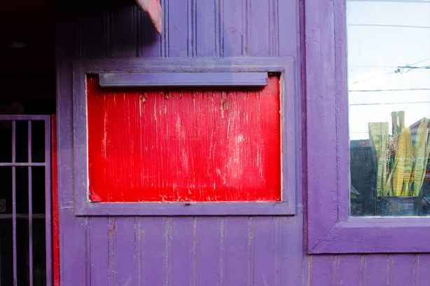 part of a purple wall with a red rectangle, edge of a window with a succulent plant in the window, also part of a gate in front of a door 