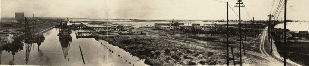 panorama - 1914 picture of building of Keating channel to divery mouth of Don River to Lake Ontario, black and white vintage photo, also Port Lands before they were developed