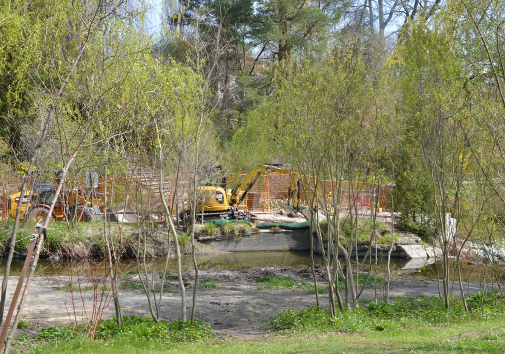 construction machinery on a path beside Wilket Creek, Edwards Gardens