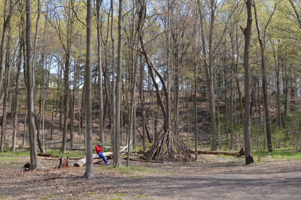 A person in a red jacket sits on a fallen log in a forest beside a teepee shape structure made from tree branches, leaves are just beginning to open, late April