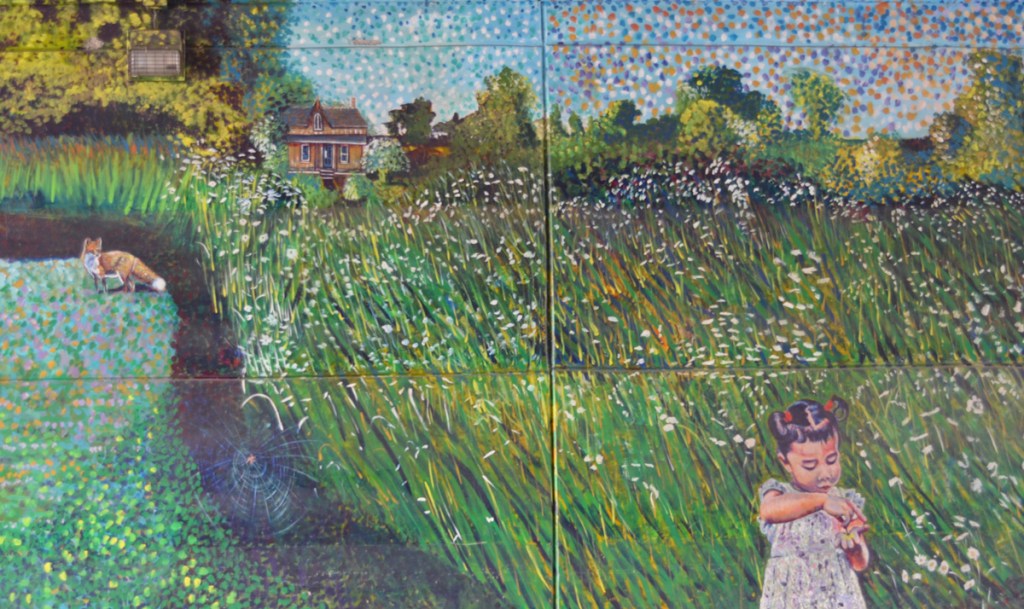 Part of a mural, outdoors summer rural scene with house in the distance, a fox by a creek and a girl in the foreground in a flowered dress and her hair in two pigtails, surrounded by a field of long grass and flowers