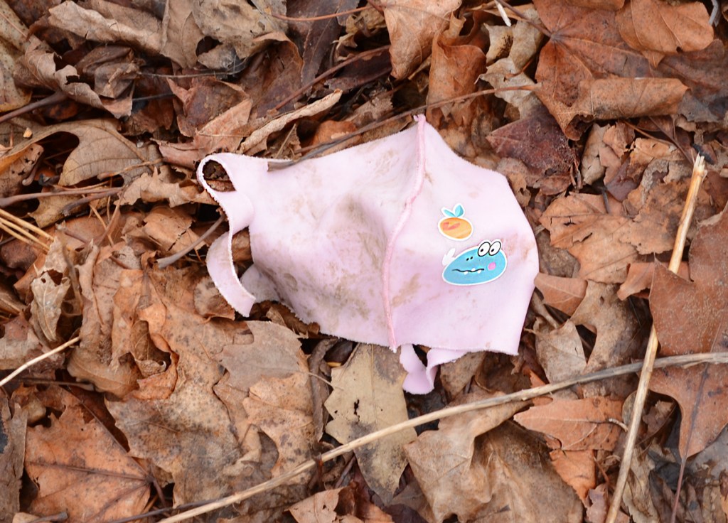 a pink covid mask lies on the ground, on top of dead leaves.  The mask has a picture of a peach on it. 