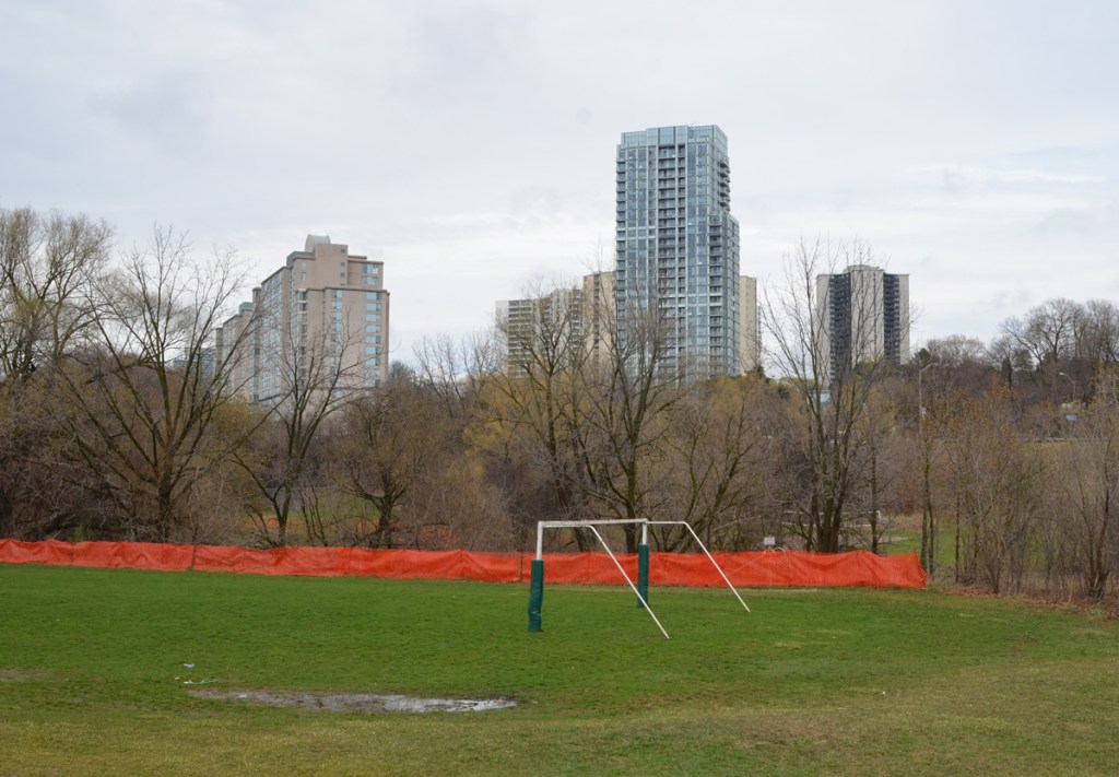playing field with soccer goal, apartment buildings of Graydon Hall in the background.