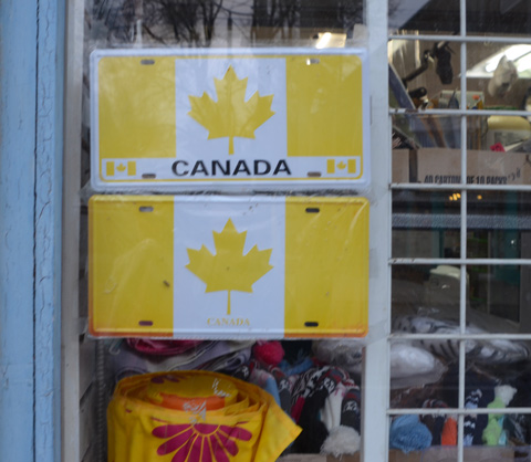 in a store window, fake licence plates with Canadian flags that have faded to yellow and white