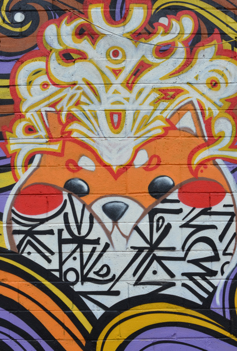 part of a mural, orange and white animal face with other symbols and abstracts