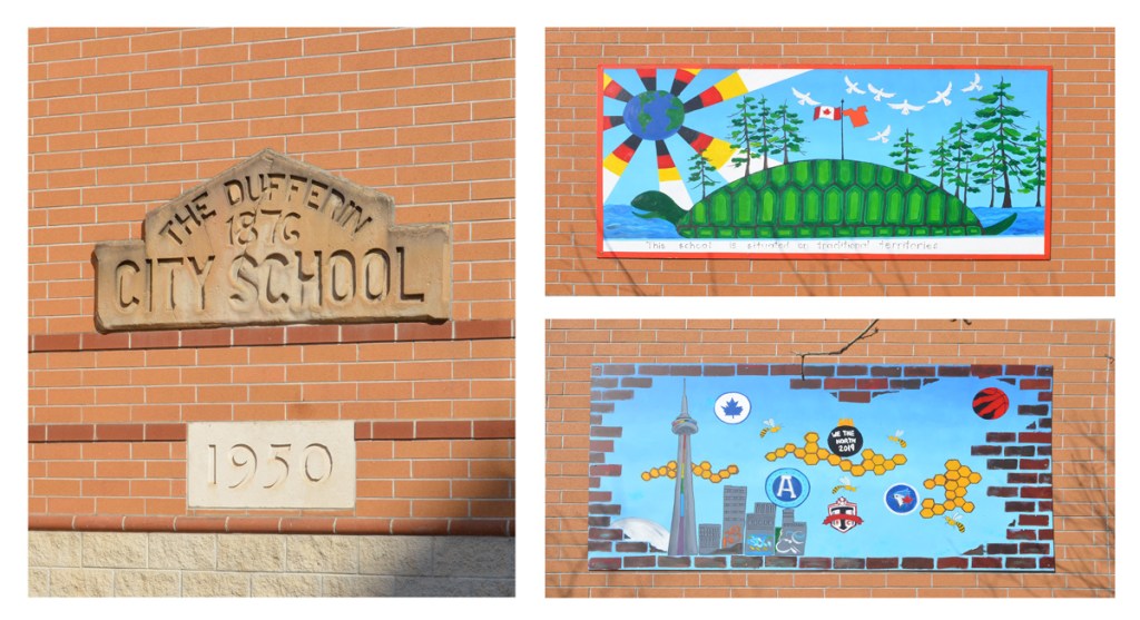 composite of 3 images.  First is carved stone piece from original 1876 Dufferin City School.  Two images of murals on the exterior wall of the school.  one is turtle island representation and other is the symbols of all the Toronto sports teams with CN Tower and city skyline