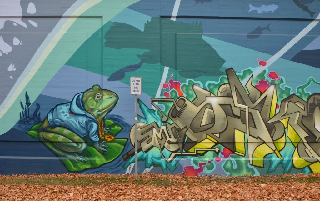 part of a mural on an outdoor wall, a frog in a blue hoodie sitting on a lily pad, frog has gold chain and medallion around his neck