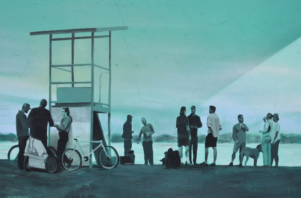 people gathered on the beach by a lifeguard station, part of a mural on Jones underpass by Jason Pinney