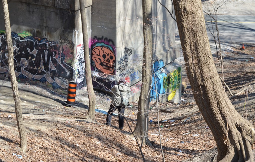a man taking pictures of the graffiti on a concrete bridge