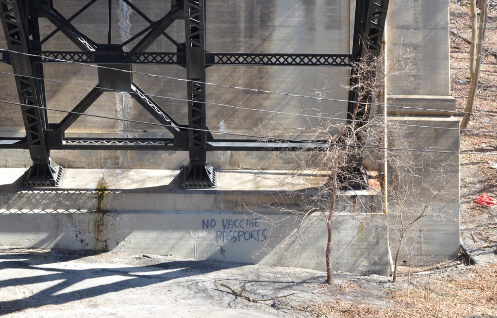 graffiti under bridge, no vaccine passports