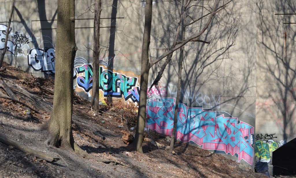 graffiti on the concrete walls of a bridge