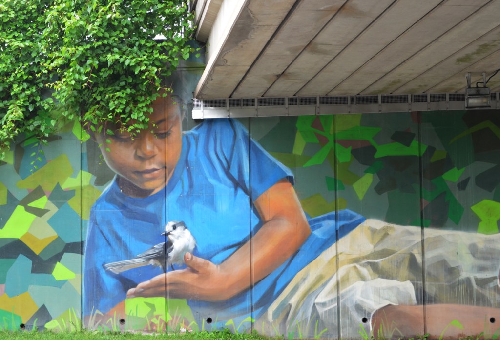 Jarus mural of a young boy with a blue jay