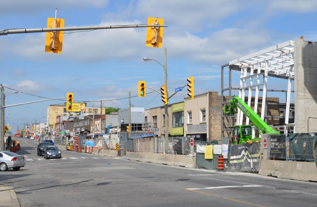 looking west on Eglonton Ave west at Oakwood.  Construction of Oakwood station on the right hand side, 