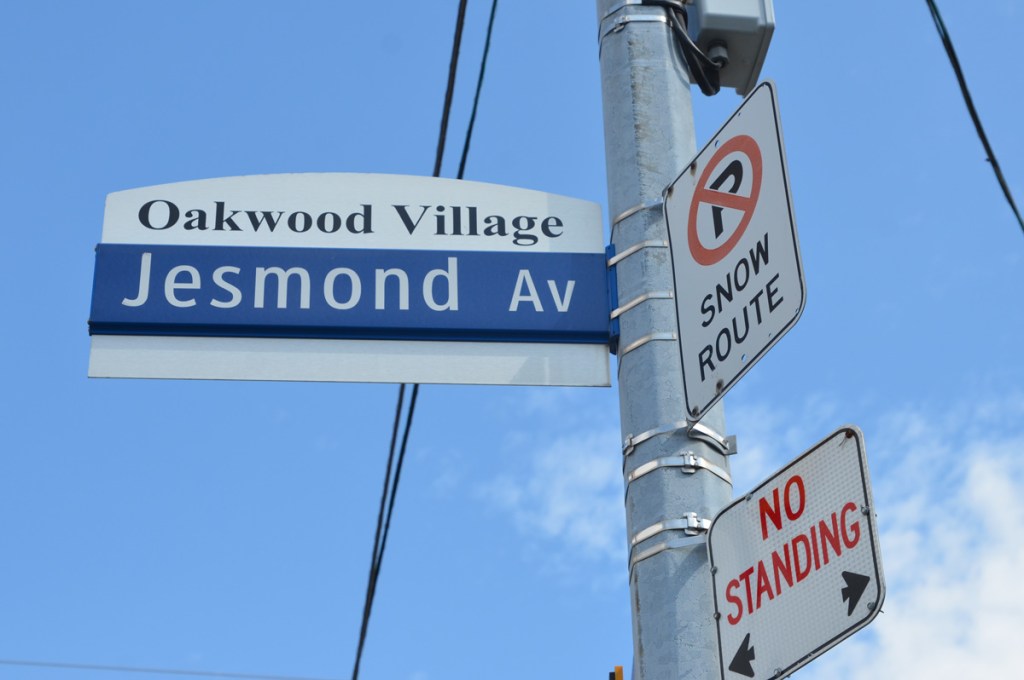 Toronto street signs, Jesmond Ave with Oakwood village top, 