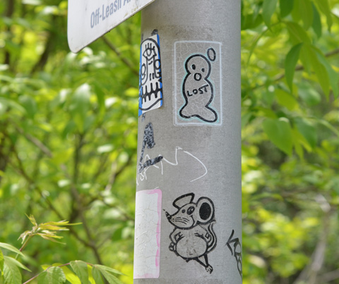 stickers on pole, one of a mouse, and other with word lost