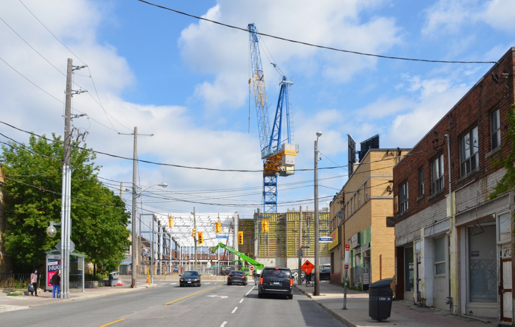 looking north on Oakwood to where it ends at Eglinton West, crane, construction of new oakwood subway station 