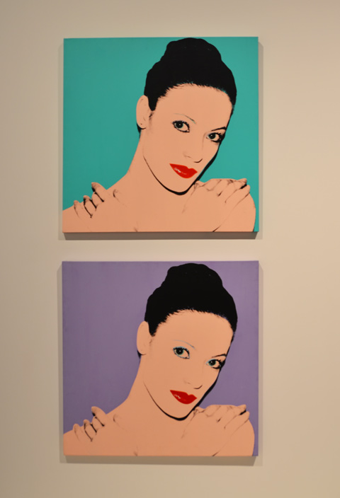 two portraits of Karen Kain, one on turquoise background and the other on light purple background