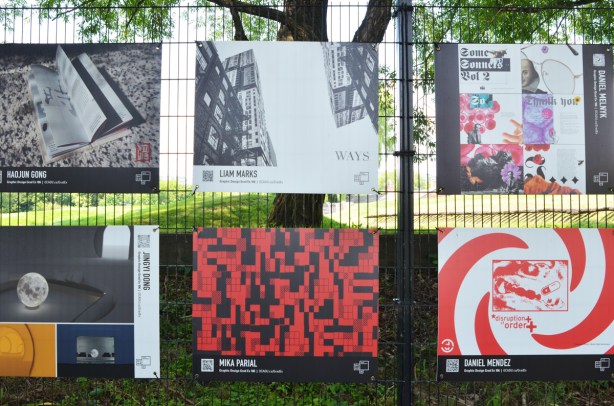 six panels in graduating students art exhibit, OCADU, graphic design and illustration, art by Liam Marks, Daniel Mendez, Daniel Melnyk, Haojun Gong, Jingyi Dong, and Mika Parial