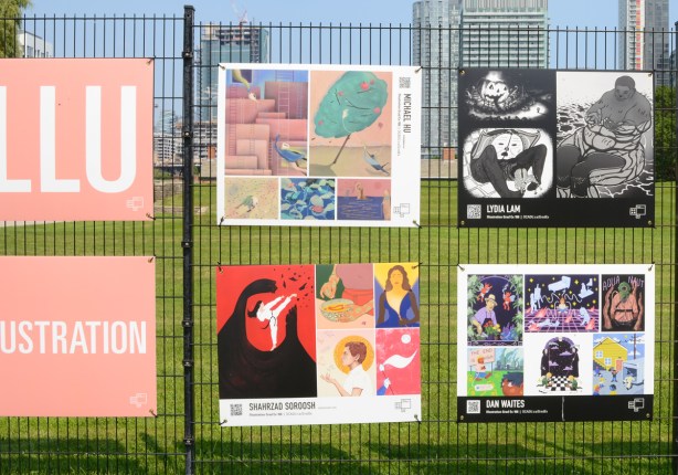 part of exhibit of OCADU graduating students work from Illustration program, 4 students, Michael Hu, Shahrzad Soroosh, Lydia Lam, and Dan Waites,