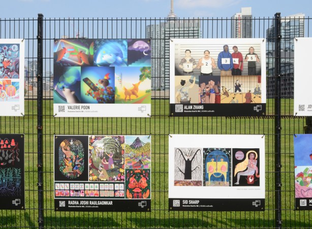 graduating students art exhibit, OCADU, graphic design and illustration, work by 4 students, Valerie Poon, Radha Joshi Raulgaonkar, Alan Zhang, and Sid Sharp