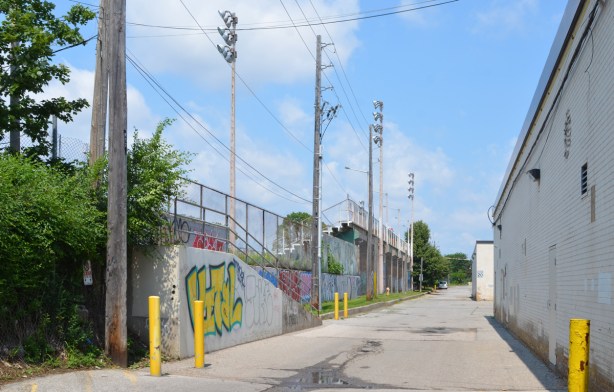 stairs to park and tall lights by the stadium, Brockton stadium