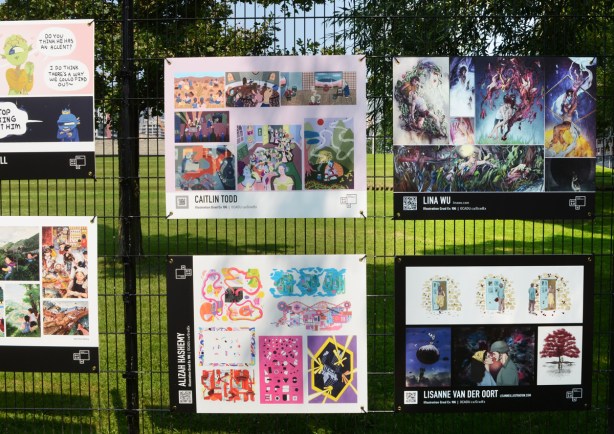 graduating students art exhibit, OCADU, graphic design and illustration, work by 4 students, Caitlin Todd, Alizah Hashemy, Lina Wu, and Lisanne Van Der Oort