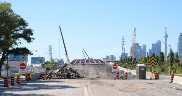 taken from center of Lakeshore - Lakeshore looking west from Bouchette, middle of Gardiner demolition, road surface is missing but steel structure is still there 