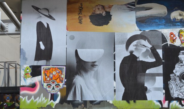 paste platz, wheatpaste papers on a wall, three large pictures in black and white of women
