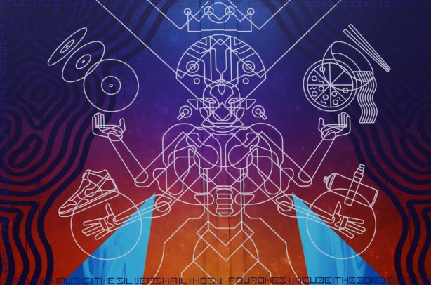 image by Andrew Patterson, white line drawing on blue, purple, and orange background, a human-like figure with crown on head and objects in upraised arms