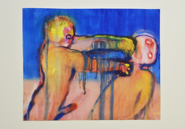 a painting by Miriam Cahn, a naked man is punching a woman in the face, 