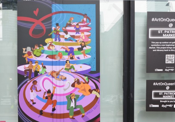 an illustration by Janelle Lewis of many people on circles of stairs and steps