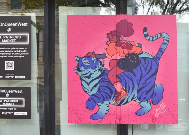 illustration by Janelle Lewis, a woman getting onto the back of a blue and purple tiger with black stripes