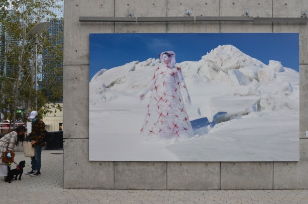 large photograph by Meryl McMaster on display at Canada Square at Harbourfont - woman standing in the snow
