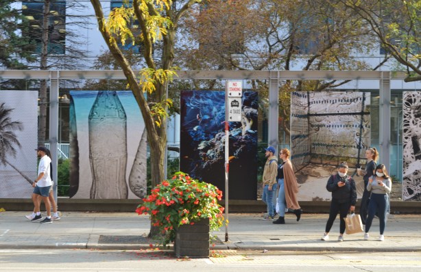 people in front of a display of large photos